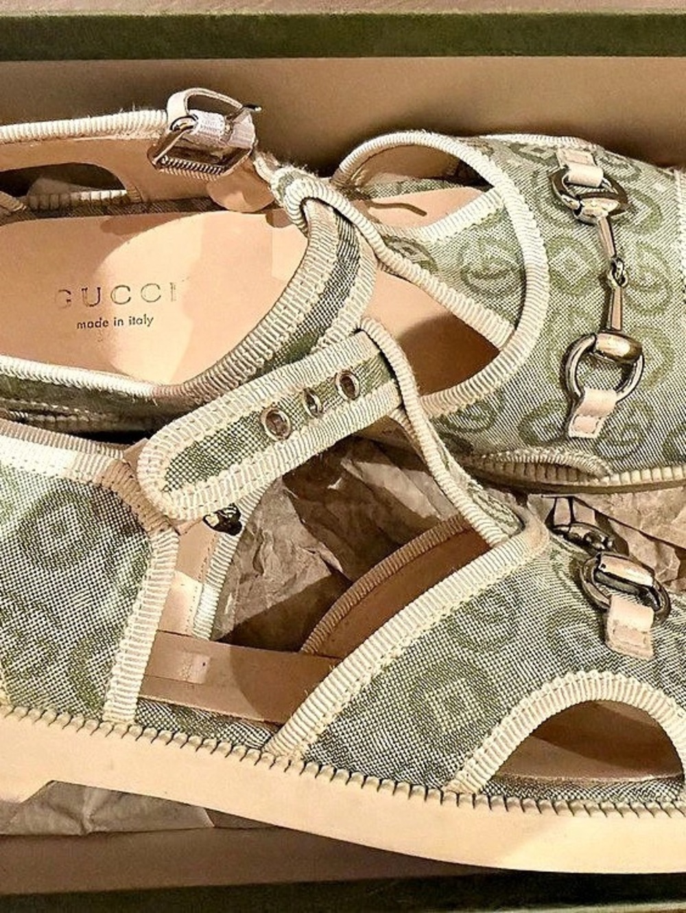 Gucci Horsebit GG Canvas Sandal Green & White EU 33